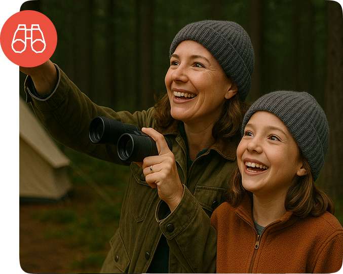 Family spotting wildlife with binoculars on a wooded campsite trail
