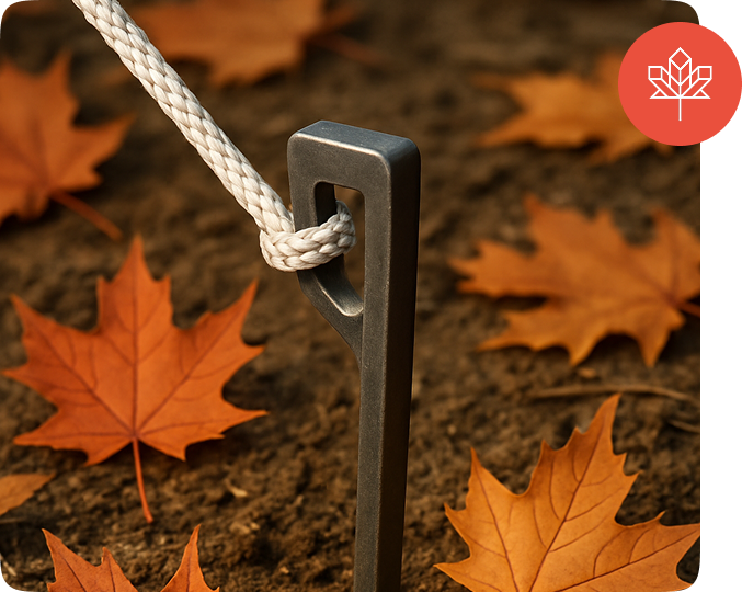 Tent guyline secured to a stake on autumn ground with maple leaves.
