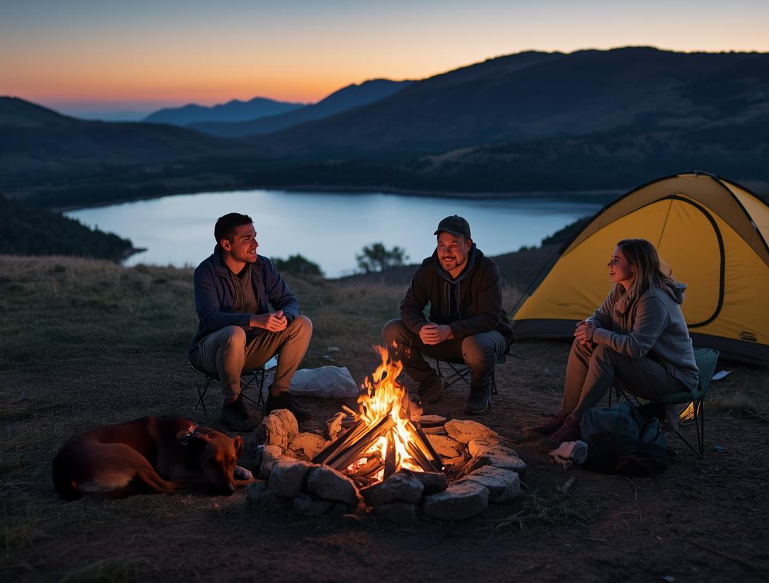 Two men and a woman with a dog around a campfire overlooking a lake and hills