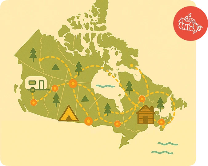 Map of Canada with dotted connections representing provincial data syncing to campground websites and the CCRVA directory