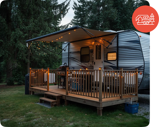 Park model trailer with deck and string lights at a campground
