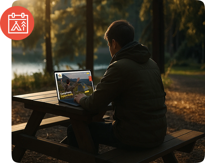 Man using a laptop at a picnic table by a lake